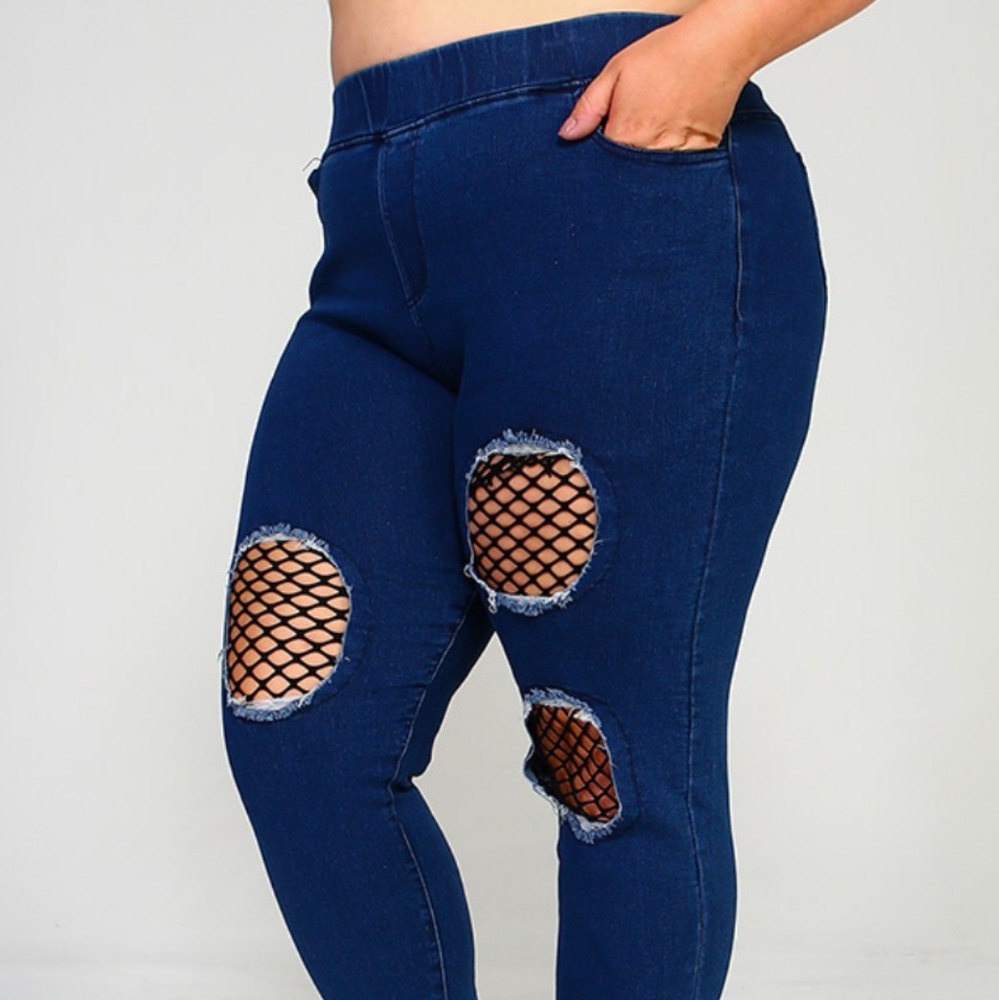 Dark Denim Jeggings with Fishnet Underlay